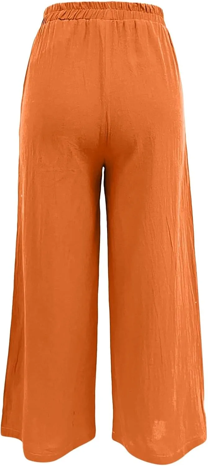 Women's Linen Summer Casual Loose Pant Trousers Elastic Waisted Straight Loose Fit Pant Trousers Work Business