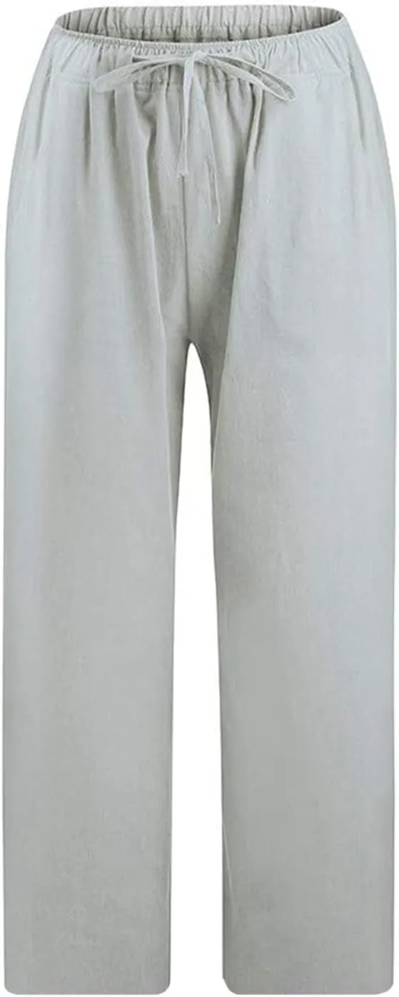 Womens Linen Summer Flowy Pants Elastic Waisted Ankle Length Plus Size Trouser Travel