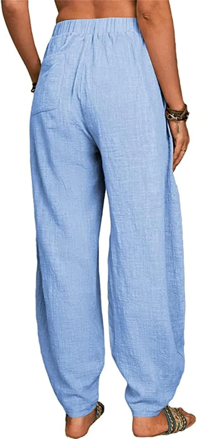 Women's Linen Summer Split Flowy Palazzo Pants Elastic Waisted Long Lounge Loose Fit Pants Vacation