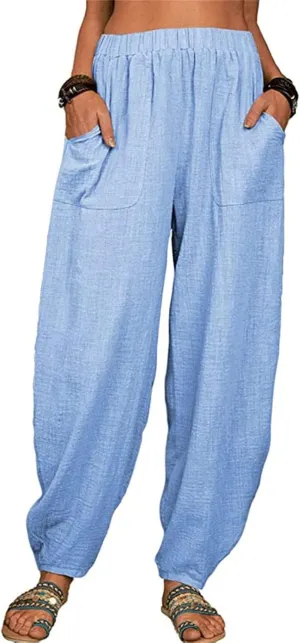 Women's Linen Summer Split Flowy Palazzo Pants Elastic Waisted Long Lounge Loose Fit Pants Vacation