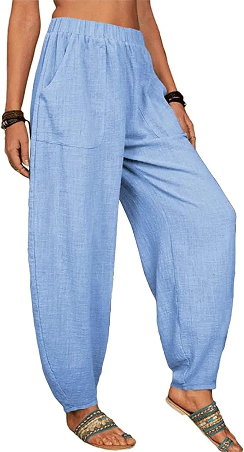 Women's Linen Summer Split Flowy Palazzo Pants Elastic Waisted Long Lounge Loose Fit Pants Vacation