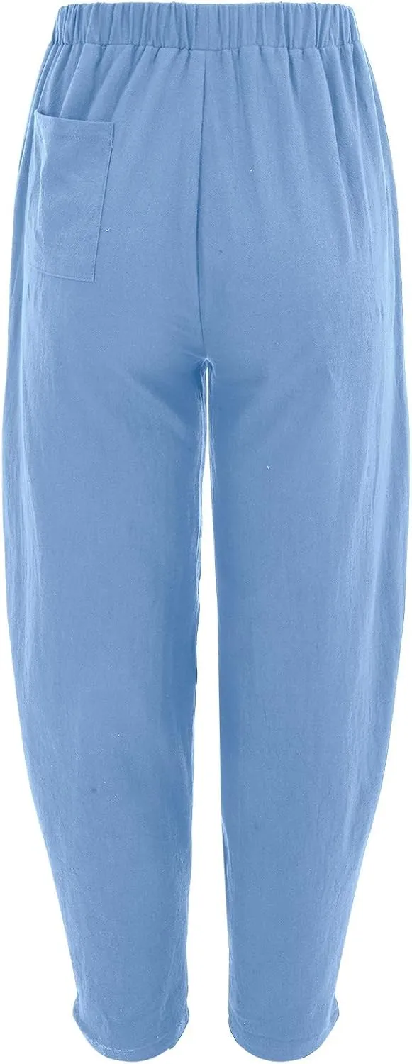 Women's Linen Summer Split Flowy Palazzo Pants Elastic Waisted Long Lounge Loose Fit Pants Vacation
