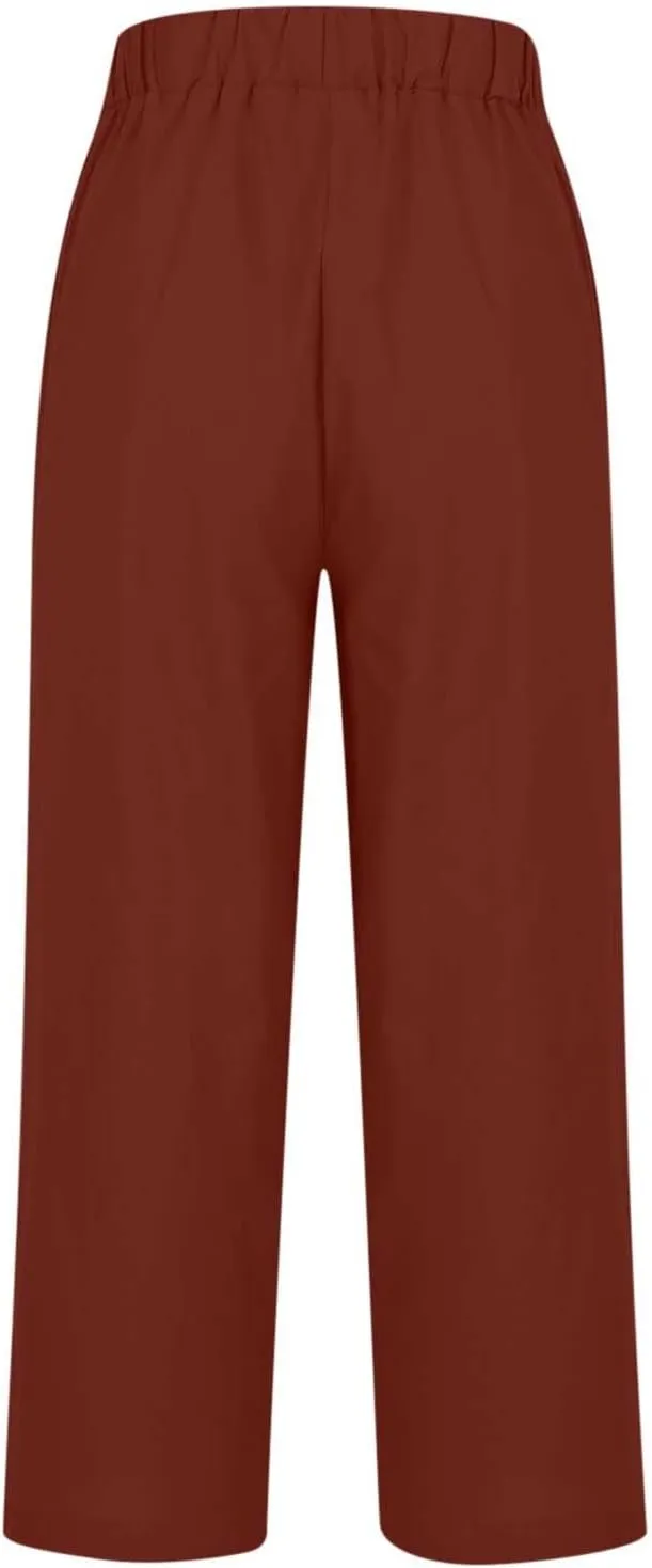 Women's Linen Summer Tie Knot Palazzo Lounge Pants High Waist Ankle Length Slim Fit Pant Trousers Office
