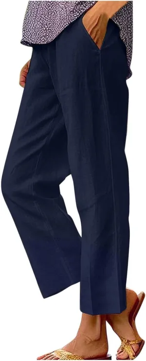 Women's Linen Summer Tie Knot Palazzo Lounge Pants High Waist Ankle Length Slim Fit Pant Trousers Office