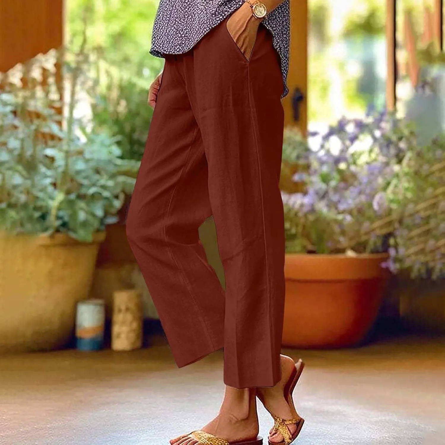 Women's Linen Summer Tie Knot Palazzo Lounge Pants High Waist Ankle Length Slim Fit Pant Trousers Office