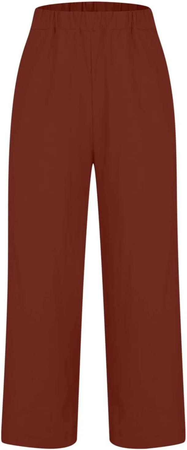 Women's Linen Summer Tie Knot Palazzo Lounge Pants High Waist Ankle Length Slim Fit Pant Trousers Office