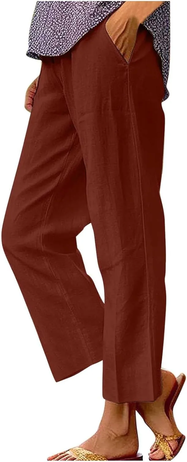 Women's Linen Summer Tie Knot Palazzo Lounge Pants High Waist Ankle Length Slim Fit Pant Trousers Office