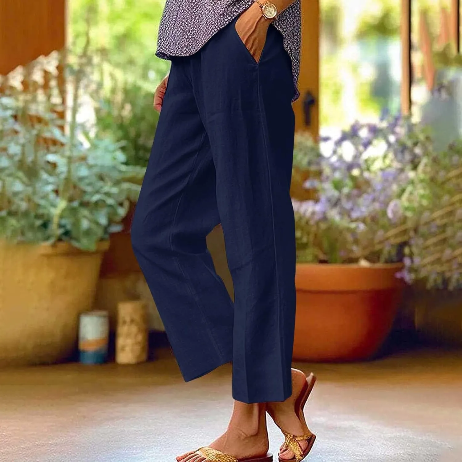 Women's Linen Summer Tie Knot Palazzo Lounge Pants High Waist Ankle Length Slim Fit Pant Trousers Office
