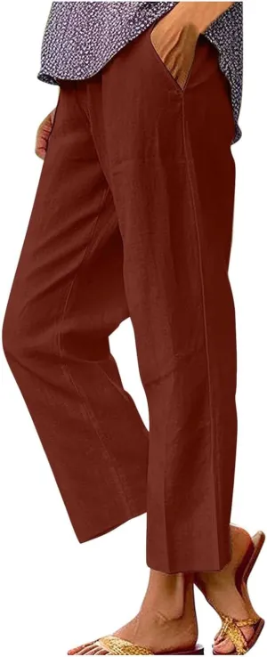 Women's Linen Summer Tie Knot Palazzo Lounge Pants High Waist Ankle Length Slim Fit Pant Trousers Office