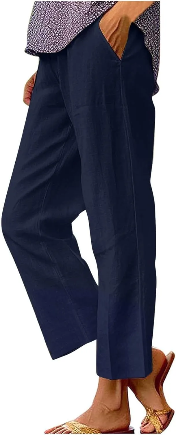 Women's Linen Summer Tie Knot Palazzo Lounge Pants High Waist Ankle Length Slim Fit Pant Trousers Office