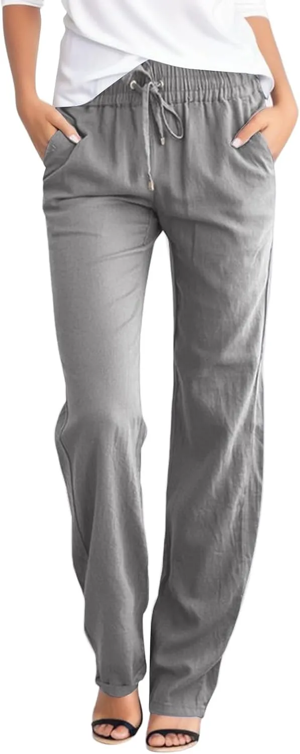 Women's Linen Summer Y2K Streetwear Pants Elastic Waisted Wide Leg Loose Fit Palazzo Pants Office