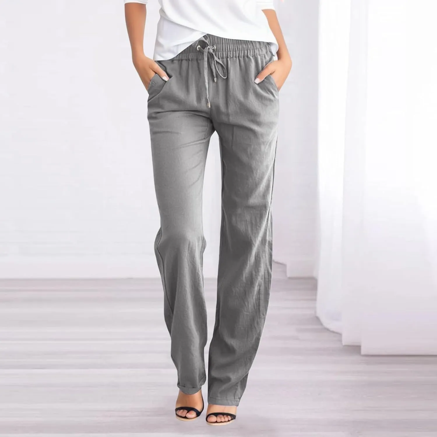Women's Linen Summer Y2K Streetwear Pants Elastic Waisted Wide Leg Loose Fit Palazzo Pants Office