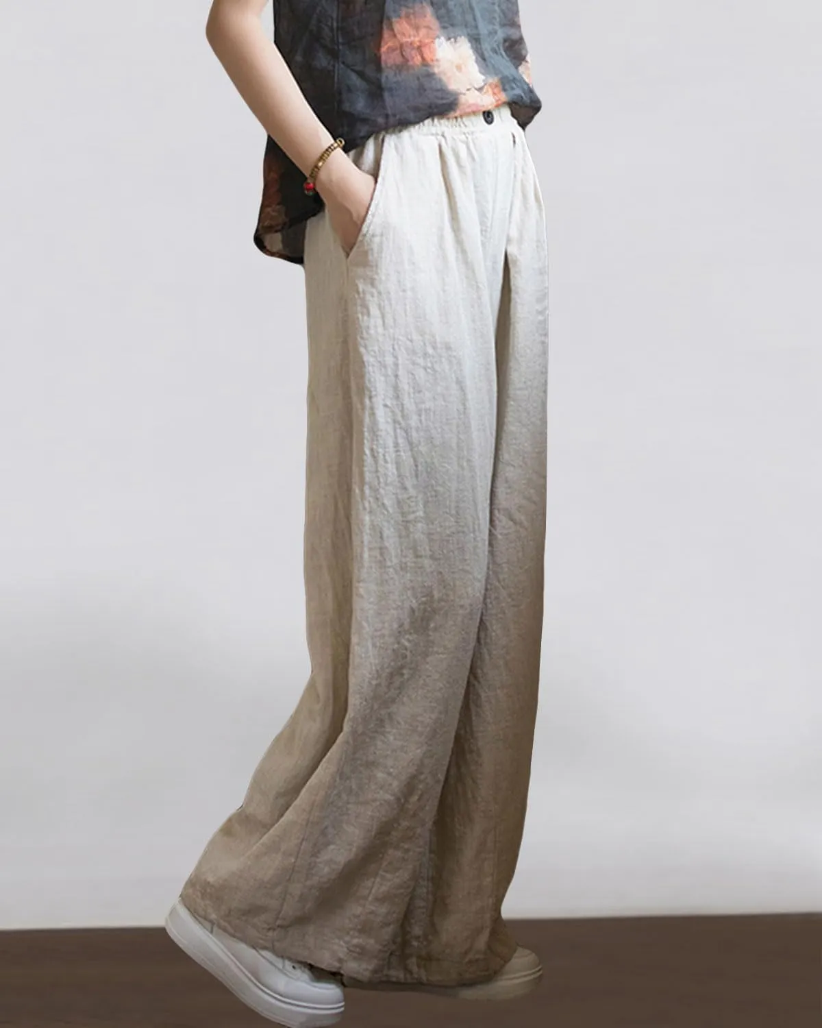 Women's Linen Wide Leg Long Pants Casual Elastic Waist Summer Palazzo Trousers with Pockets