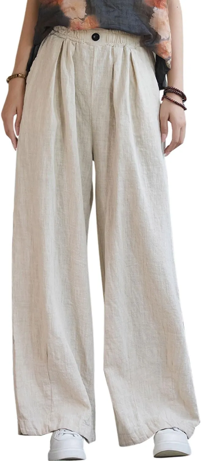 Women's Linen Wide Leg Long Pants Casual Elastic Waist Summer Palazzo Trousers with Pockets