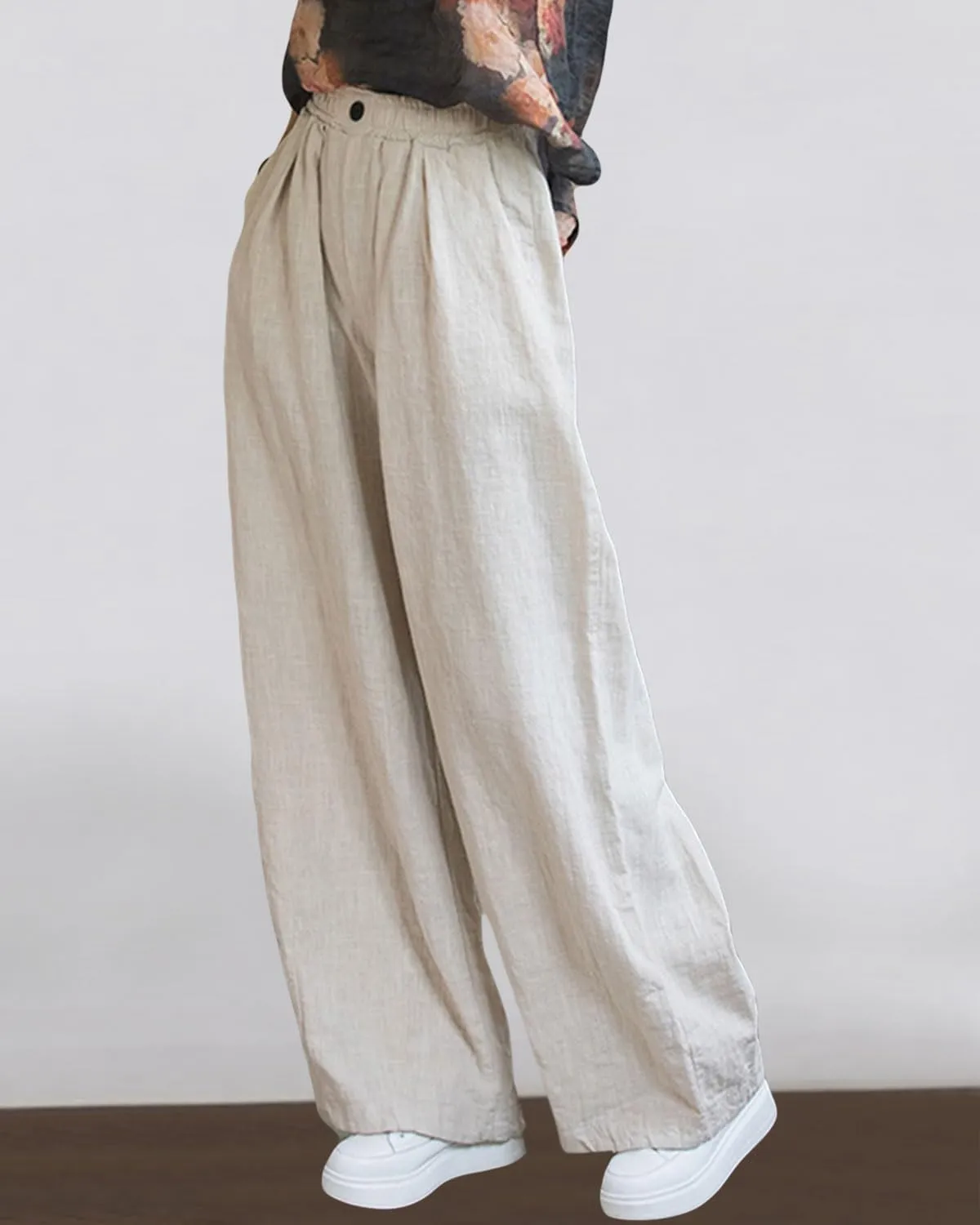 Women's Linen Wide Leg Long Pants Casual Elastic Waist Summer Palazzo Trousers with Pockets