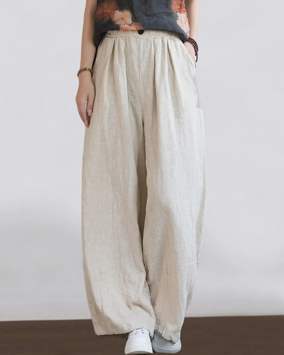 Women's Linen Wide Leg Long Pants Casual Elastic Waist Summer Palazzo Trousers with Pockets