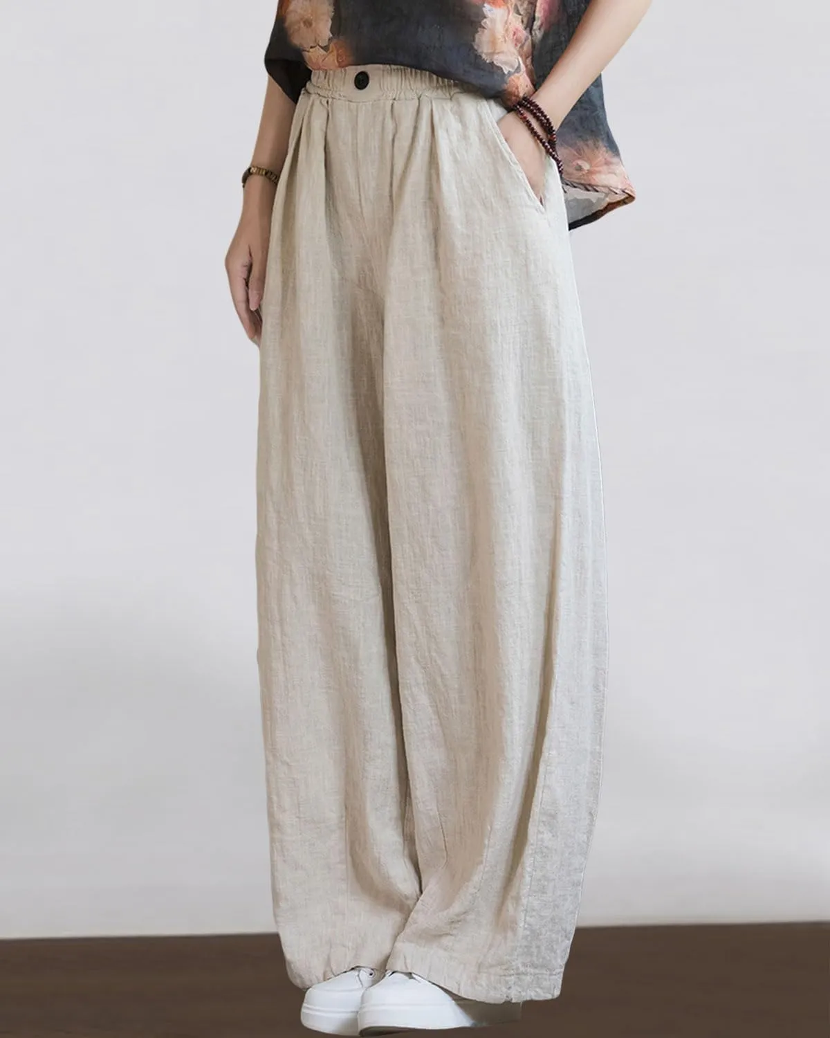Women's Linen Wide Leg Long Pants Casual Elastic Waist Summer Palazzo Trousers with Pockets