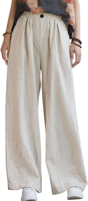 Women's Linen Wide Leg Long Pants Casual Elastic Waist Summer Palazzo Trousers with Pockets