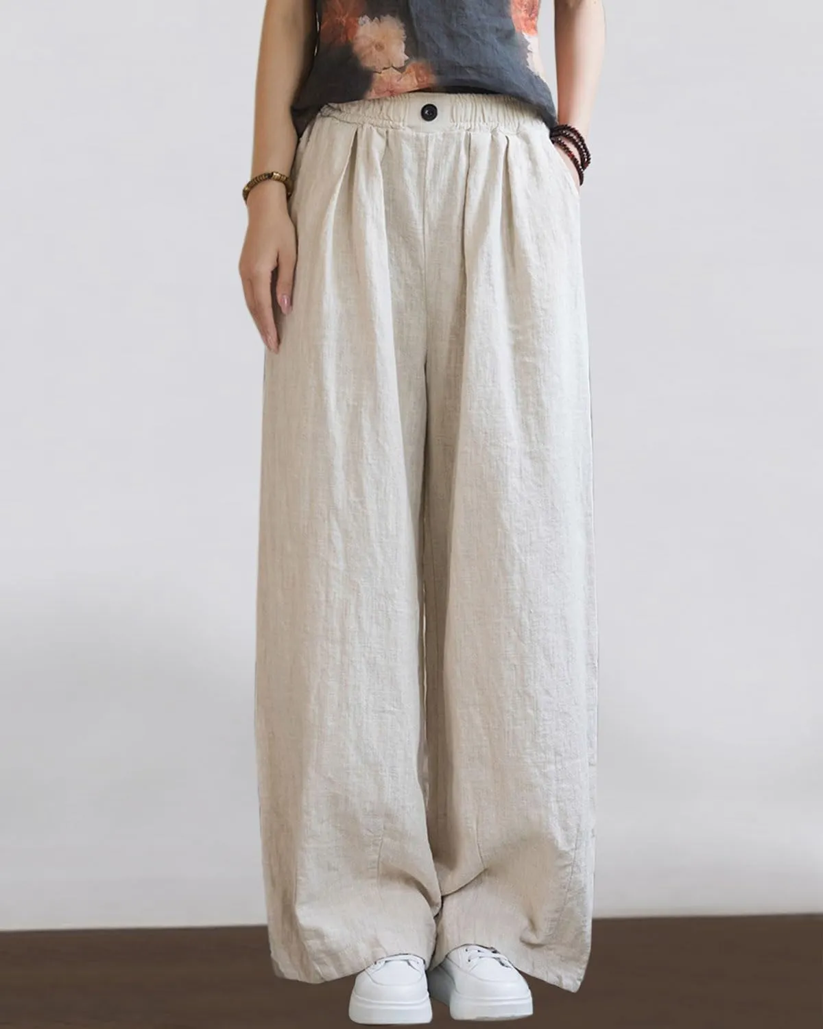 Women's Linen Wide Leg Long Pants Casual Elastic Waist Summer Palazzo Trousers with Pockets