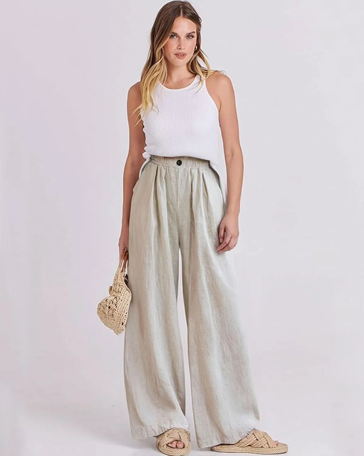 Women's Linen Wide Leg Long Pants Casual Elastic Waist Summer Palazzo Trousers with Pockets