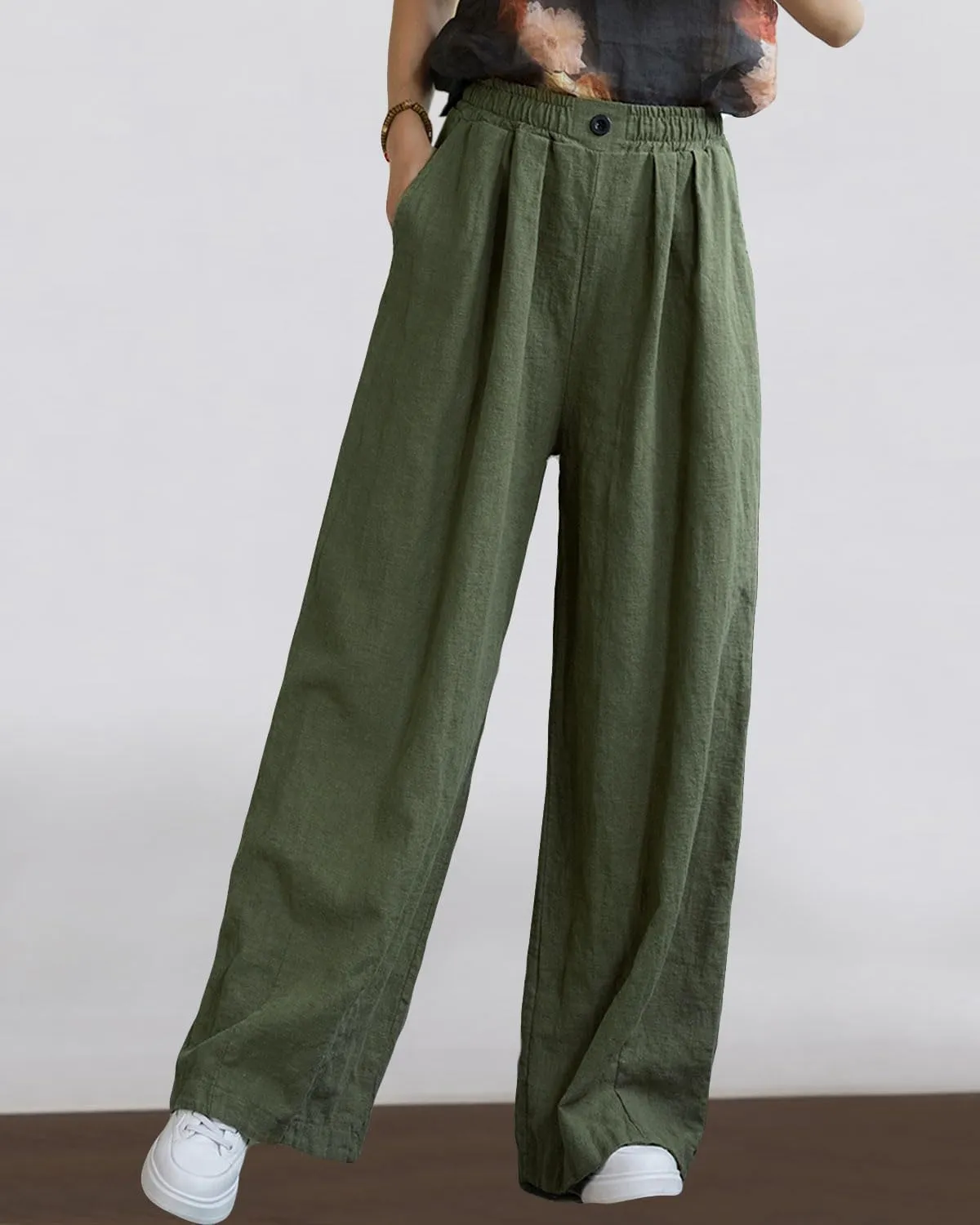 Women's Linen Wide Leg Long Pants Casual Elastic Waist Summer Palazzo Trousers with Pockets