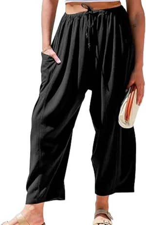 Women's Linen Wide Leg Pants with Pockets, Summer Drawstring High Waist Loose Beach Pants, Pleated Harem Trousers