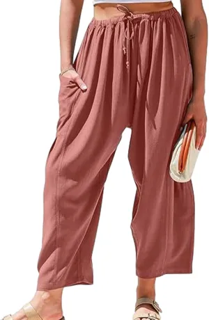 Women's Linen Wide Leg Pants with Pockets, Summer Drawstring High Waist Loose Beach Pants, Pleated Harem Trousers