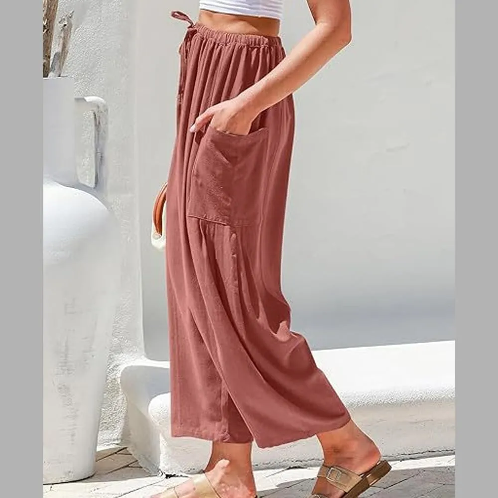 Women's Linen Wide Leg Pants with Pockets, Summer Drawstring High Waist Loose Beach Pants, Pleated Harem Trousers