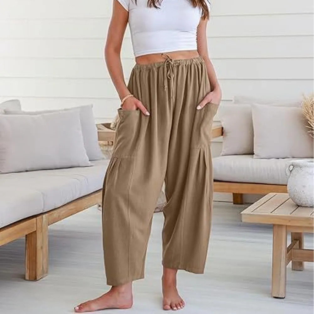 Women's Linen Wide Leg Pants with Pockets, Summer Drawstring High Waist Loose Beach Pants, Pleated Harem Trousers