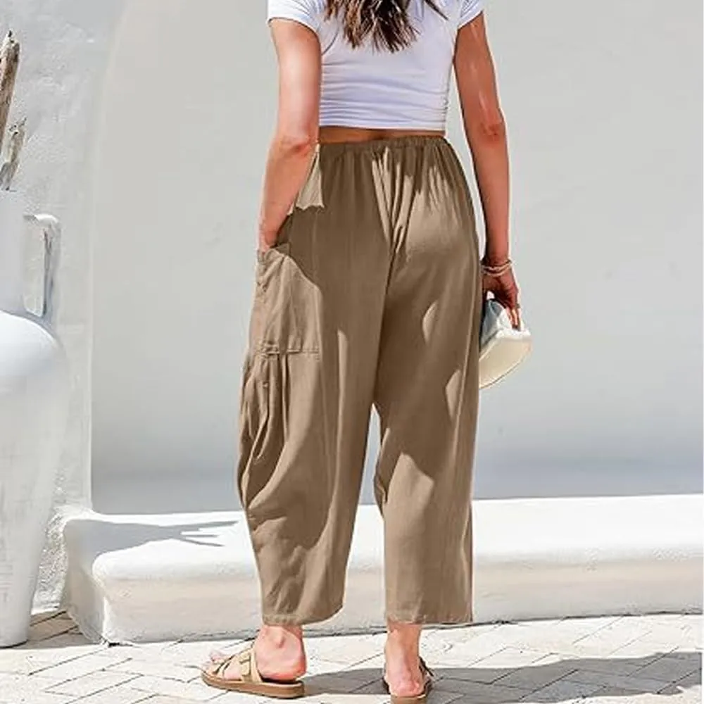 Women's Linen Wide Leg Pants with Pockets, Summer Drawstring High Waist Loose Beach Pants, Pleated Harem Trousers