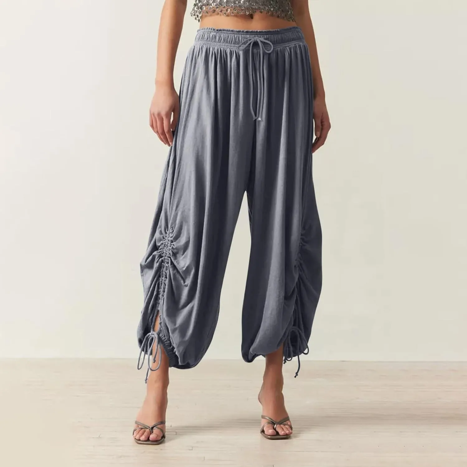 Womens Loose Wide Leg Pants Drawstring Split Hem Palazzo Pants Elastic High Waist Cropped Pants Pleated Trousers