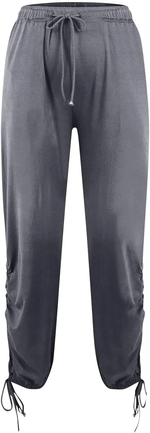 Womens Loose Wide Leg Pants Drawstring Split Hem Palazzo Pants Elastic High Waist Cropped Pants Pleated Trousers