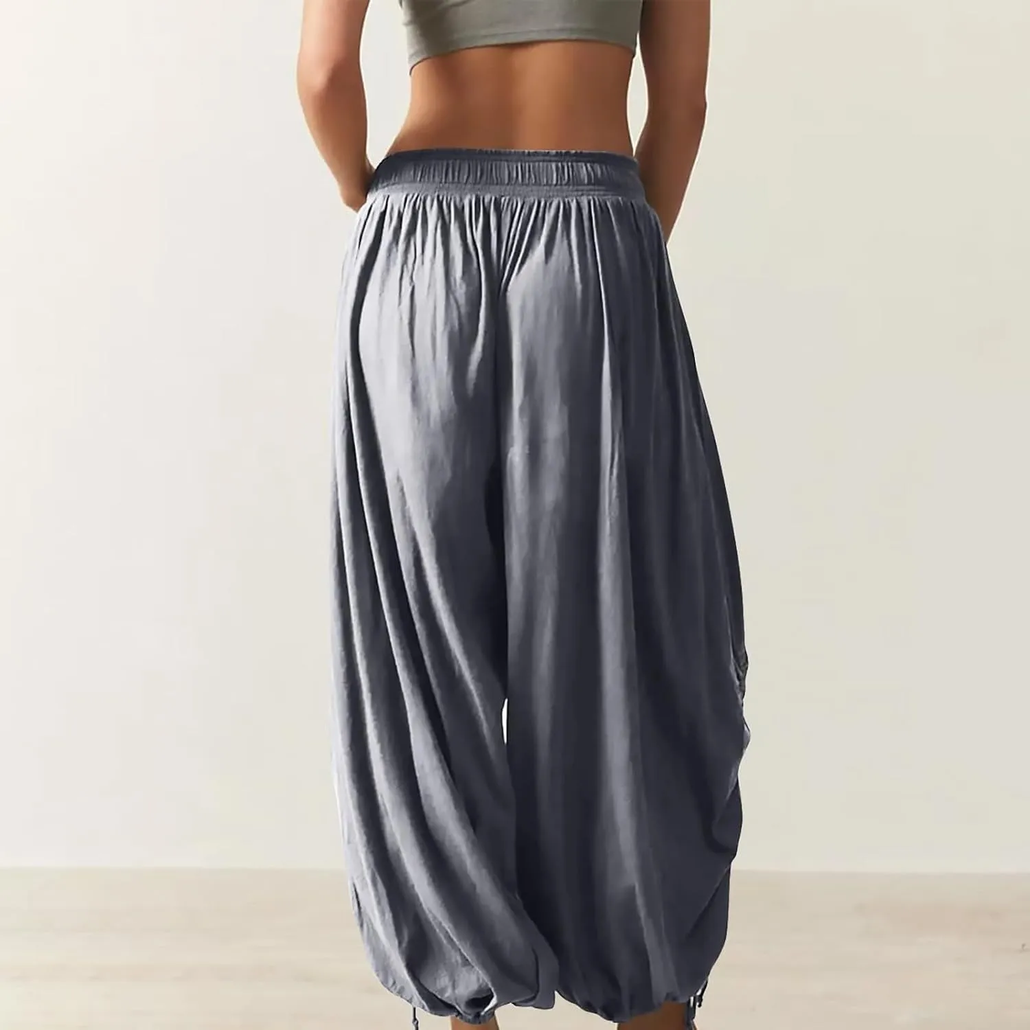 Womens Loose Wide Leg Pants Drawstring Split Hem Palazzo Pants Elastic High Waist Cropped Pants Pleated Trousers