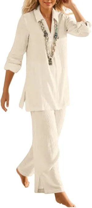 Womens Lounge Cotton Linen Two Piece Outfits Spring Summer Oversized Long Sleeve Tops and Wide Leg Pants Suits Sets