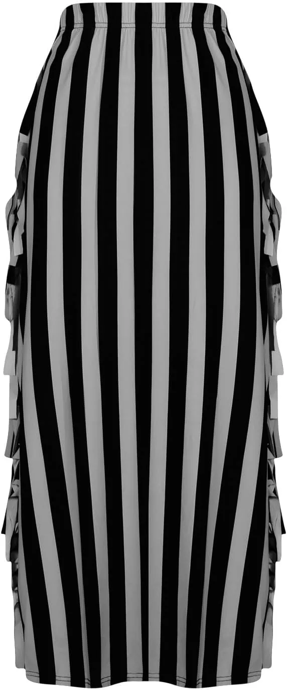Womens Maxi Skirts Trendy Striped Color Block Side Tassels Slim Bodycon Skirts High Waist Fringe Long Pencil Skirts