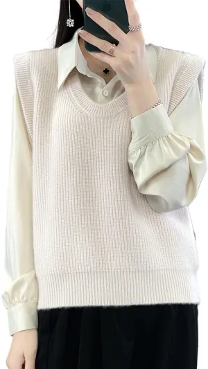 Women's O-Neck Knit Sweater Vest Merino Wool Sleeveless Thick Pullover Vest Short Tops