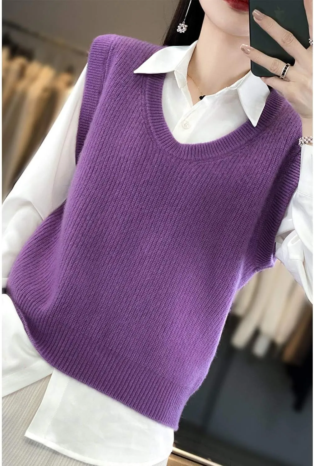Women's O-Neck Knit Sweater Vest Merino Wool Sleeveless Thick Pullover Vest Short Tops