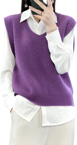 Women's O-Neck Knit Sweater Vest Merino Wool Sleeveless Thick Pullover Vest Short Tops