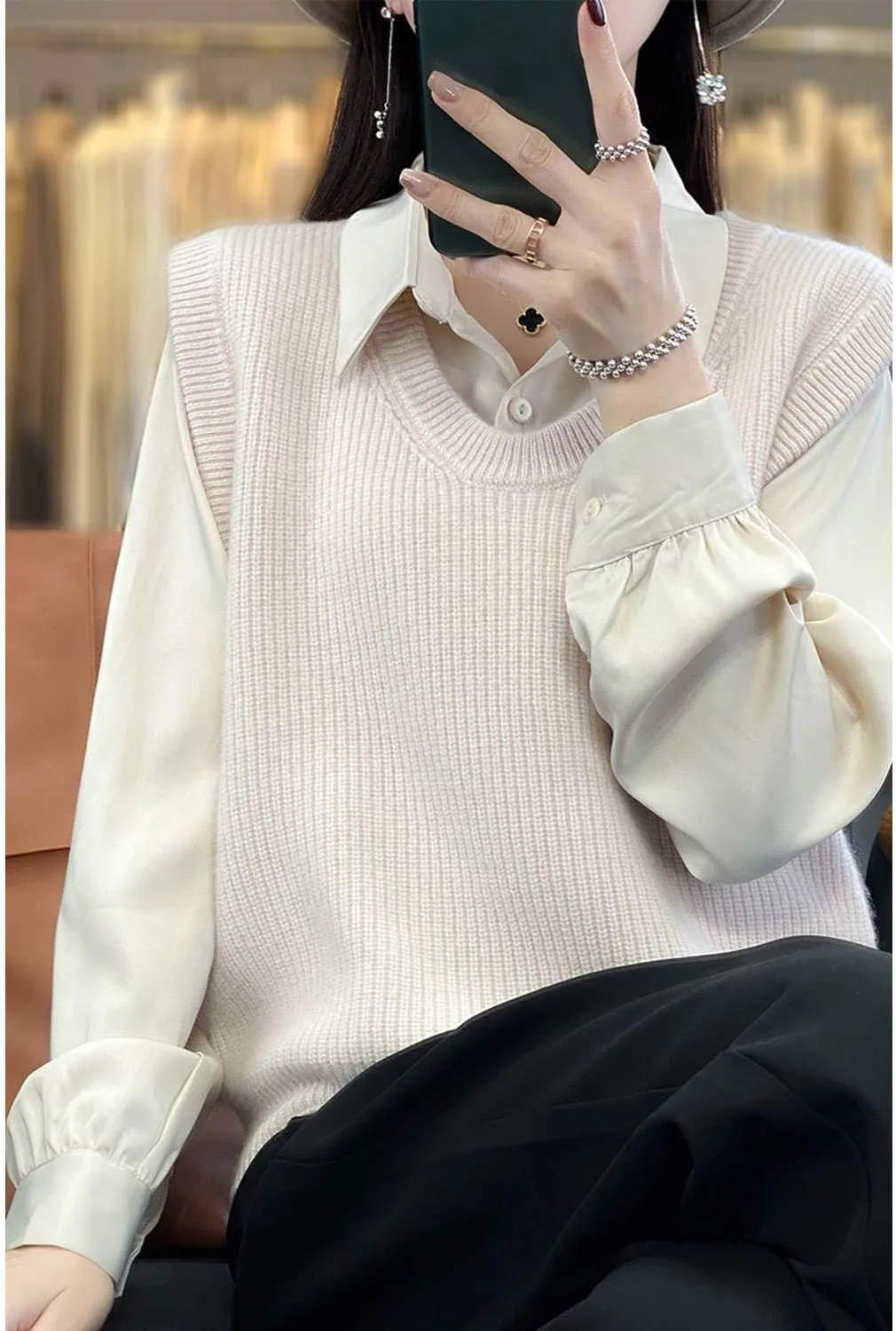 Women's O-Neck Knit Sweater Vest Merino Wool Sleeveless Thick Pullover Vest Short Tops