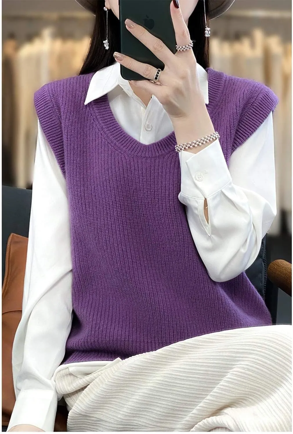 Women's O-Neck Knit Sweater Vest Merino Wool Sleeveless Thick Pullover Vest Short Tops