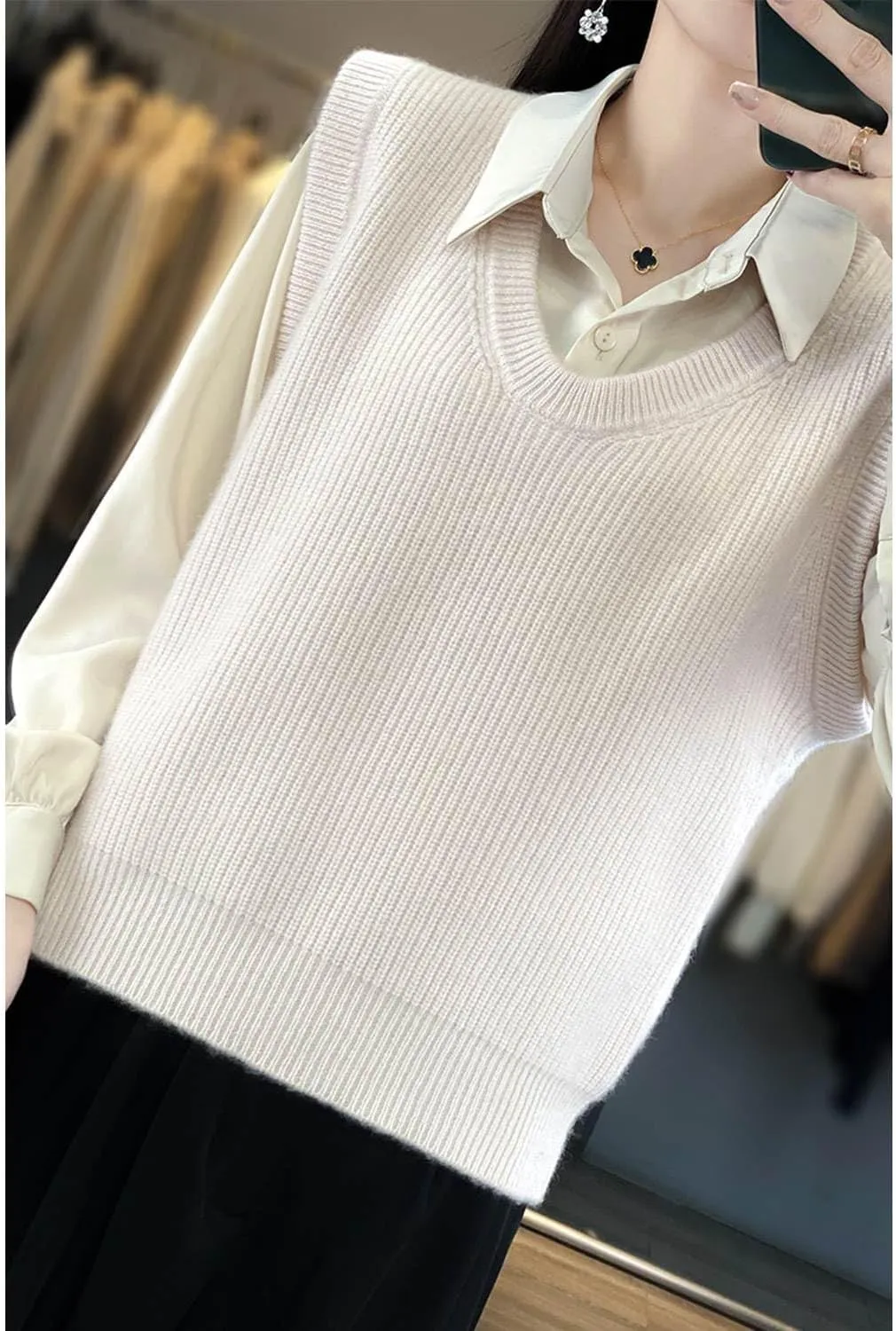 Women's O-Neck Knit Sweater Vest Merino Wool Sleeveless Thick Pullover Vest Short Tops