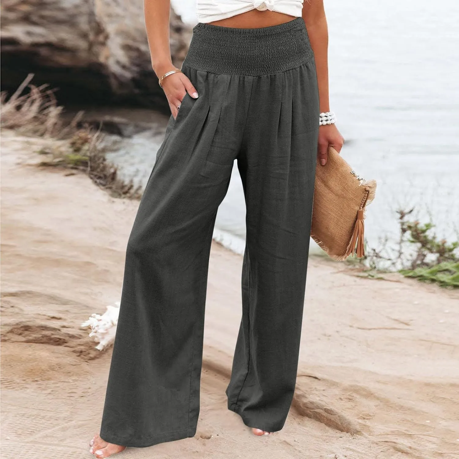 Womens Palazzo Pants Casual Smocked Elastic High Waist Wide Leg Trousers Summer Beach Pants Flowy Linen Lounge Pants