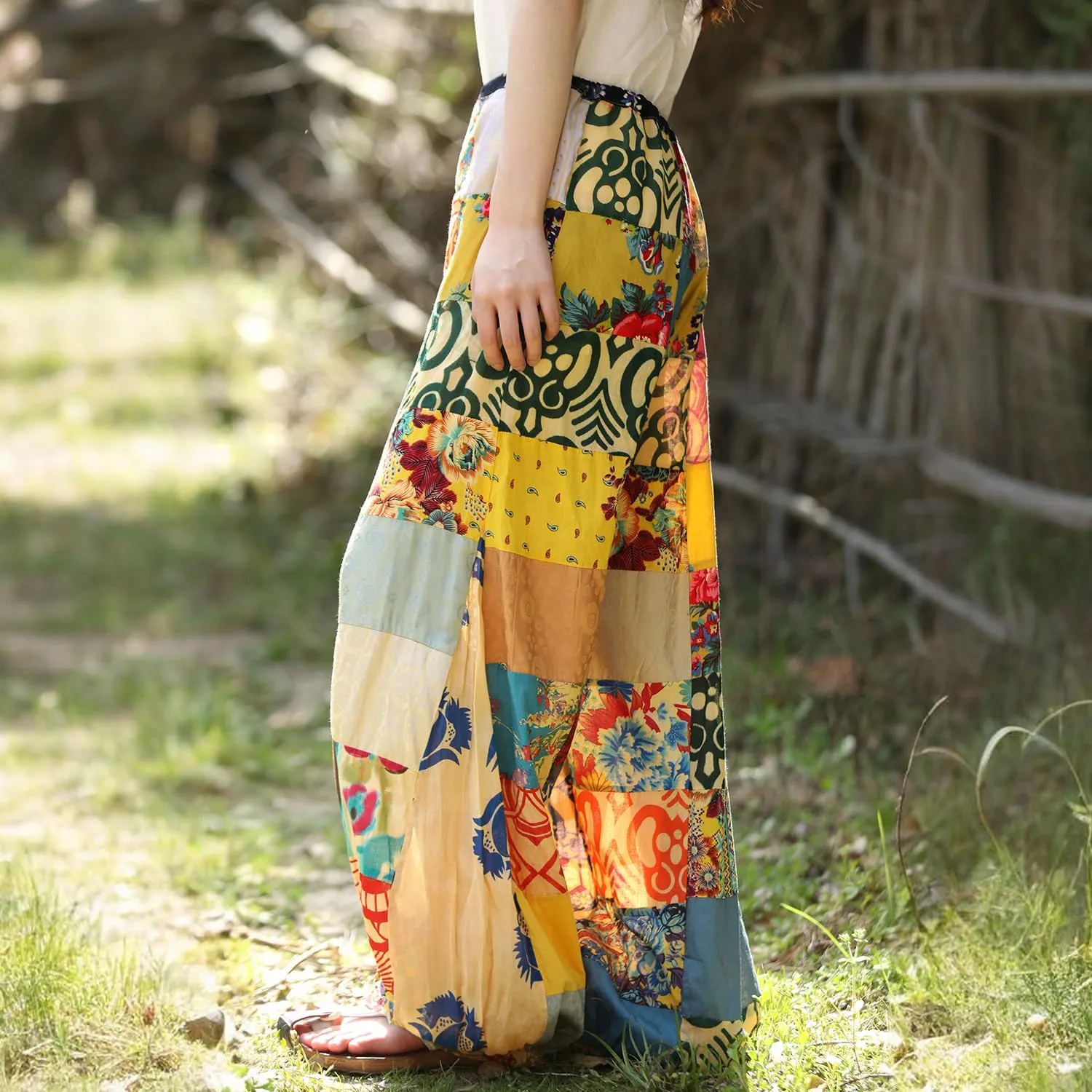 Women's Spliced Wide Leg Lantern Pants Loose Cotton Yoga Pants Bohemian Harem Trousers