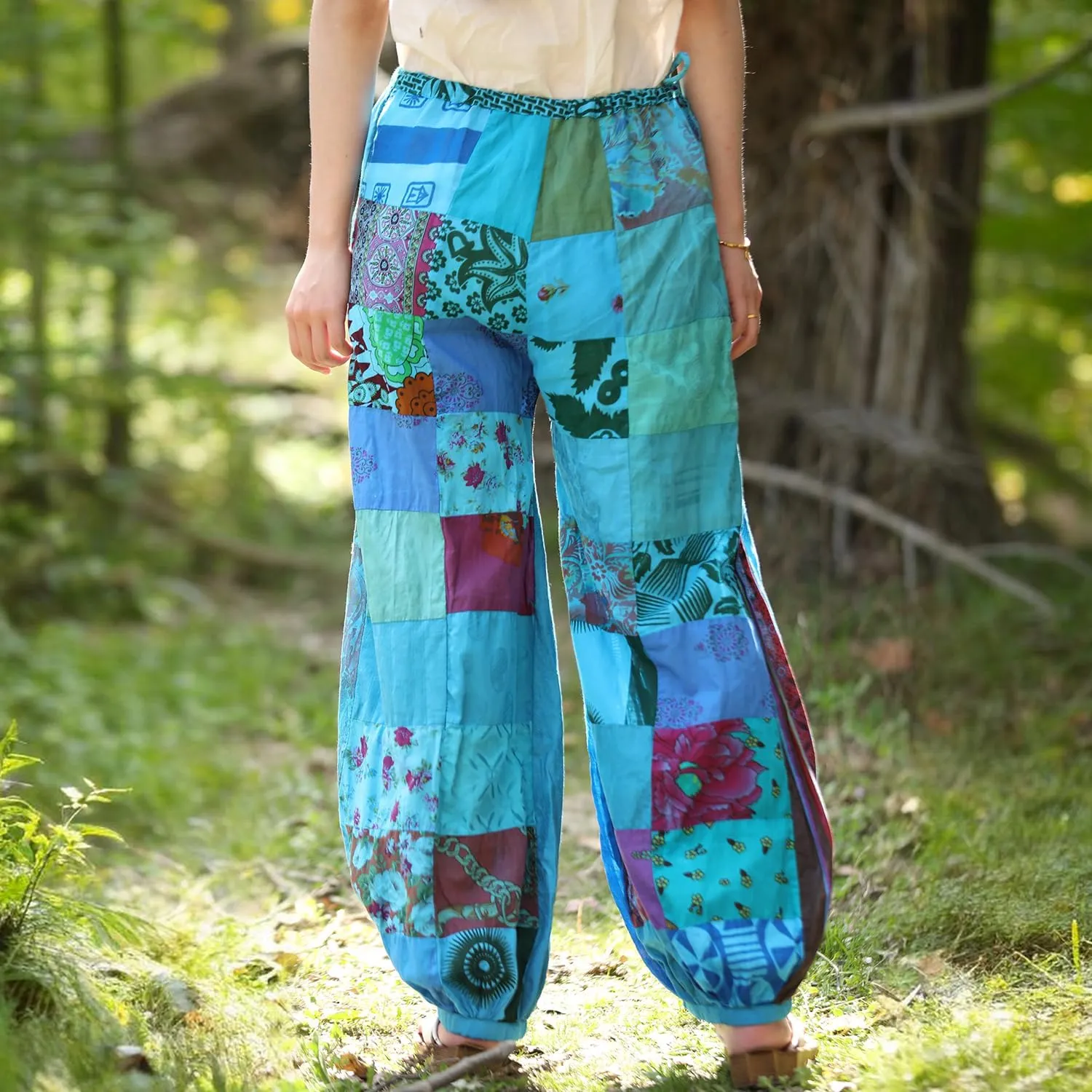 Women's Spliced Wide Leg Lantern Pants Loose Cotton Yoga Pants Bohemian Harem Trousers