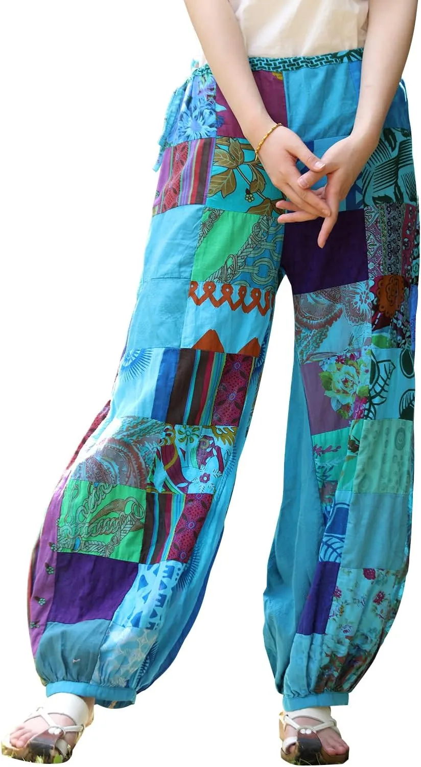 Women's Spliced Wide Leg Lantern Pants Loose Cotton Yoga Pants Bohemian Harem Trousers