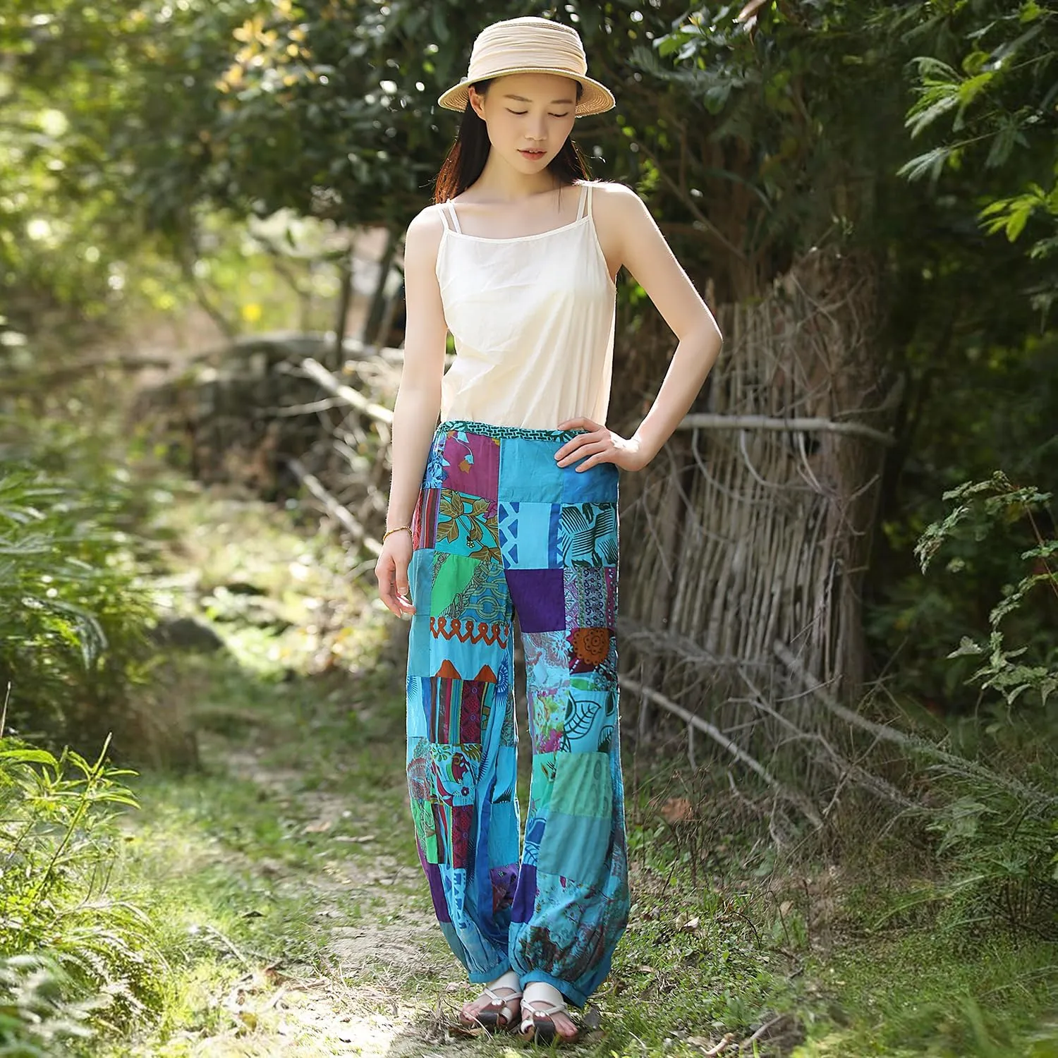 Women's Spliced Wide Leg Lantern Pants Loose Cotton Yoga Pants Bohemian Harem Trousers