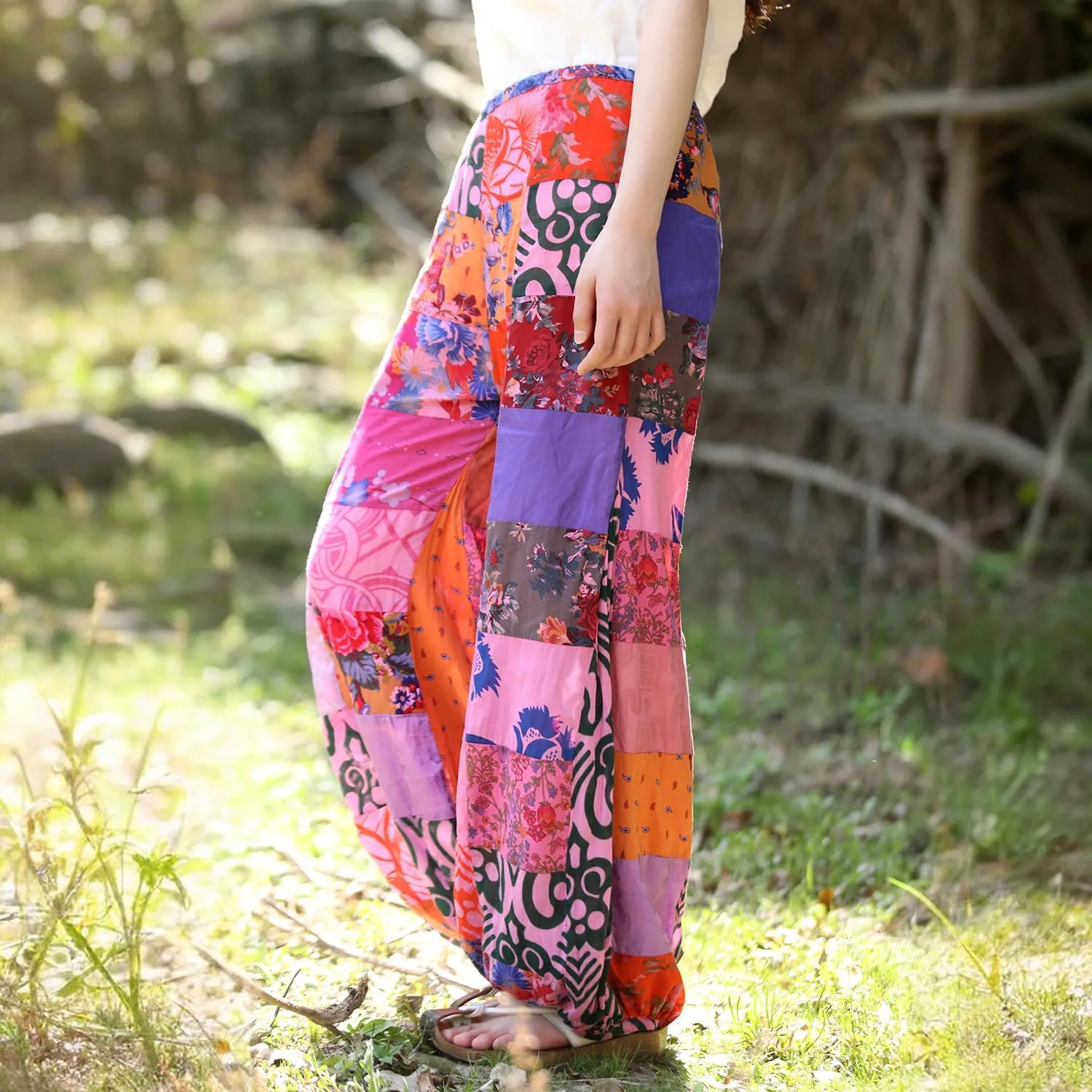Women's Spliced Wide Leg Lantern Pants Loose Cotton Yoga Pants Bohemian Harem Trousers