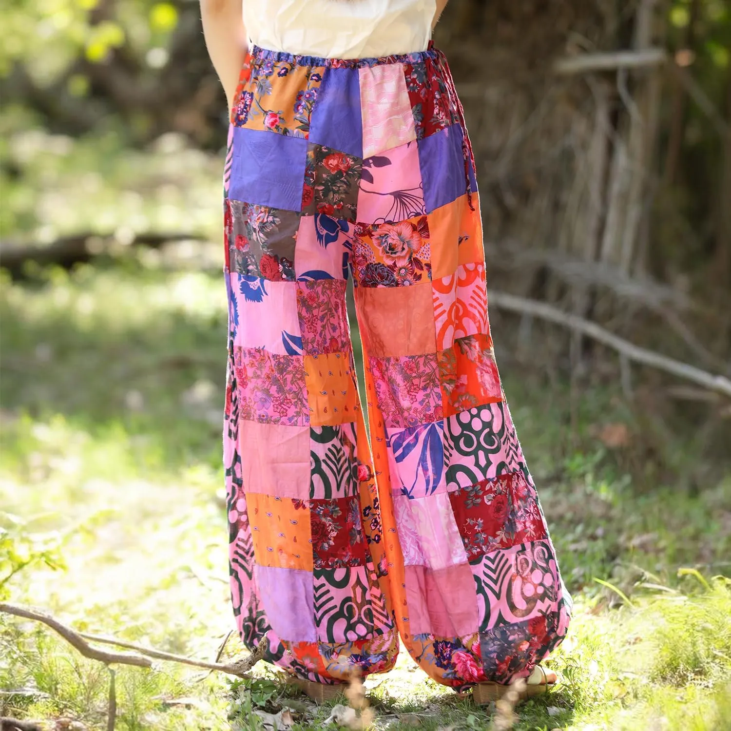 Women's Spliced Wide Leg Lantern Pants Loose Cotton Yoga Pants Bohemian Harem Trousers