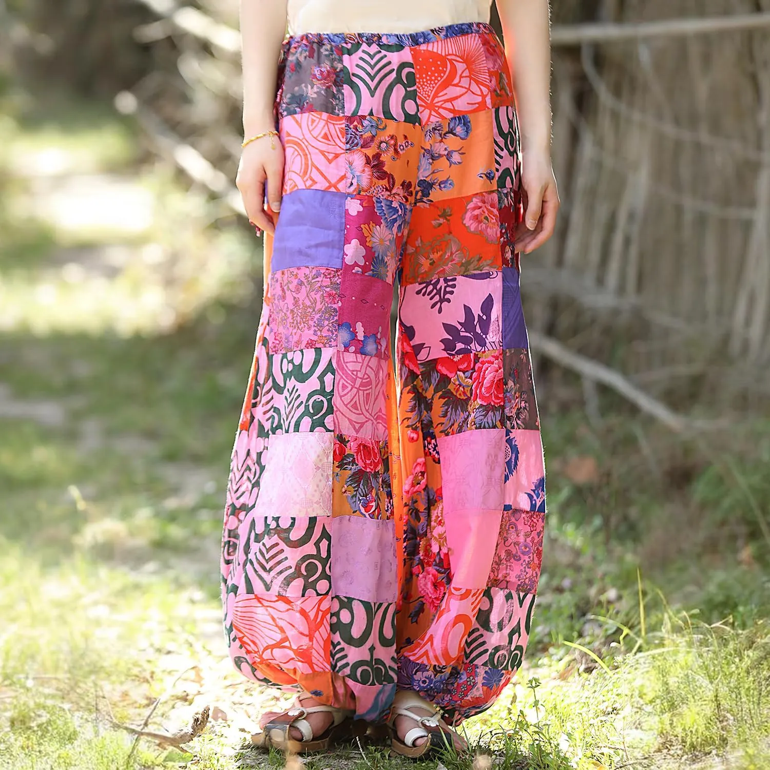 Women's Spliced Wide Leg Lantern Pants Loose Cotton Yoga Pants Bohemian Harem Trousers