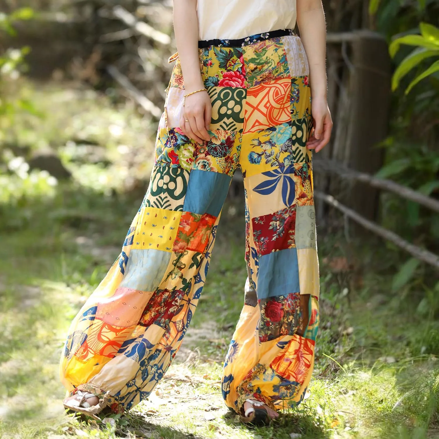Women's Spliced Wide Leg Lantern Pants Loose Cotton Yoga Pants Bohemian Harem Trousers
